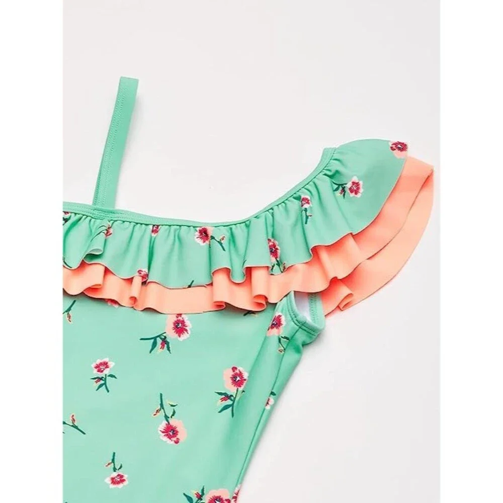 Kanu Surf Girls' Morgan Floral Ruffle 1-Shoulder‎ 1-Piece Swimsuit, Aqua, 14